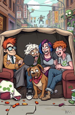 A humorous scene from a zombie apocalypse featuring a diverse and unlikely team of heroes