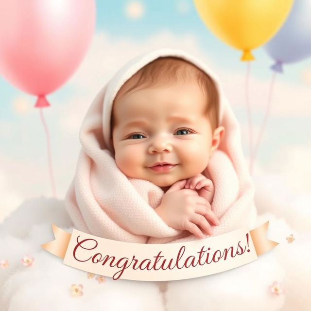 A heartwarming congratulatory image featuring a cute newborn baby with gentle facial features, wrapped in a soft, pastel-colored blanket