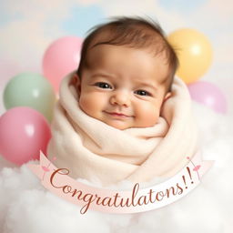 A heartwarming congratulatory image featuring a cute newborn baby with gentle facial features, wrapped in a soft, pastel-colored blanket