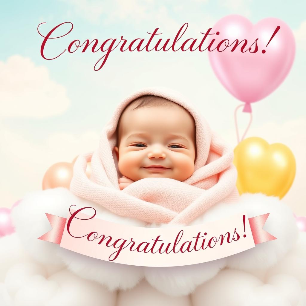 A heartwarming congratulatory image featuring a cute newborn baby with gentle facial features, wrapped in a soft, pastel-colored blanket