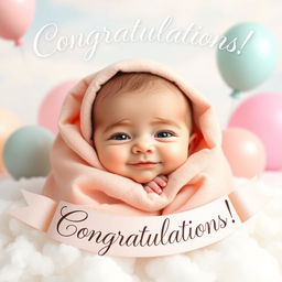 A heartwarming congratulatory image featuring a cute newborn baby with gentle facial features, wrapped in a soft, pastel-colored blanket