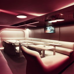 Futuristic restaurant containing six dining tables and a sofa, showcasing sleek design and modern aesthetics.