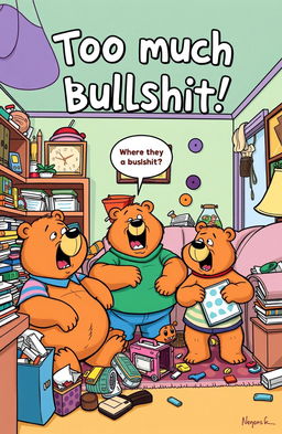 A humorous cartoon-style illustration inspired by the Berenstain Bears, featuring a family of bears in a chaotic living room filled with a comical amount of clutter and nonsense items to represent 'too much bullshit'