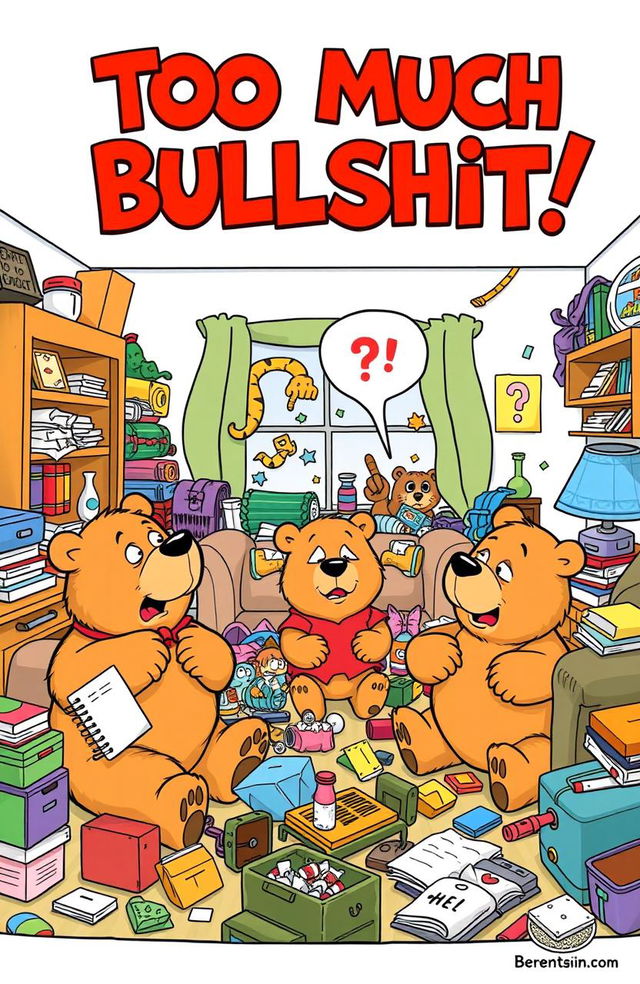 A humorous cartoon-style illustration inspired by the Berenstain Bears, featuring a family of bears in a chaotic living room filled with a comical amount of clutter and nonsense items to represent 'too much bullshit'