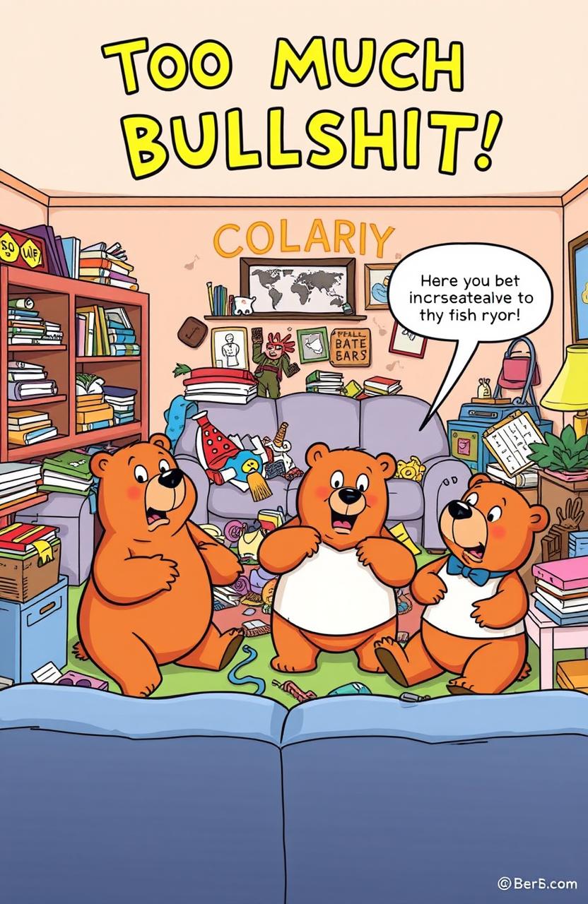 A humorous cartoon-style illustration inspired by the Berenstain Bears, featuring a family of bears in a chaotic living room filled with a comical amount of clutter and nonsense items to represent 'too much bullshit'