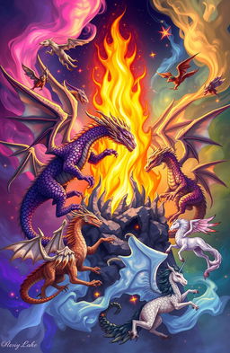 A vibrant and imaginative illustration of a majestic flame at the center, surrounded by a variety of mythical creatures including three intricately designed dragons in different poses, each showing unique scales and colors