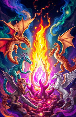 A vibrant and imaginative illustration of a majestic flame at the center, surrounded by a variety of mythical creatures including three intricately designed dragons in different poses, each showing unique scales and colors