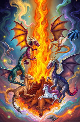 A vibrant and imaginative illustration of a majestic flame at the center, surrounded by a variety of mythical creatures including three intricately designed dragons in different poses, each showing unique scales and colors