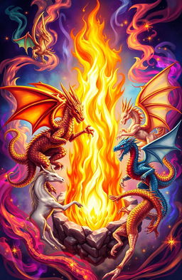A vibrant and imaginative illustration of a majestic flame at the center, surrounded by a variety of mythical creatures including three intricately designed dragons in different poses, each showing unique scales and colors