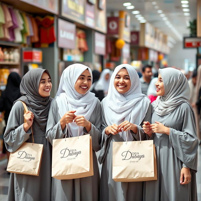 A group of Kuwaiti girls enjoying a vibrant shopping day, dressed in elegant white hijabs and stylish gray diva abayas