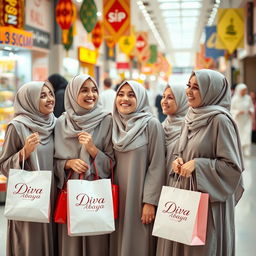 A group of Kuwaiti girls enjoying a vibrant shopping day, dressed in elegant white hijabs and stylish gray diva abayas