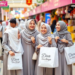 A group of Kuwaiti girls enjoying a vibrant shopping day, dressed in elegant white hijabs and stylish gray diva abayas