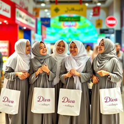 A group of Kuwaiti girls enjoying a vibrant shopping day, dressed in elegant white hijabs and stylish gray diva abayas