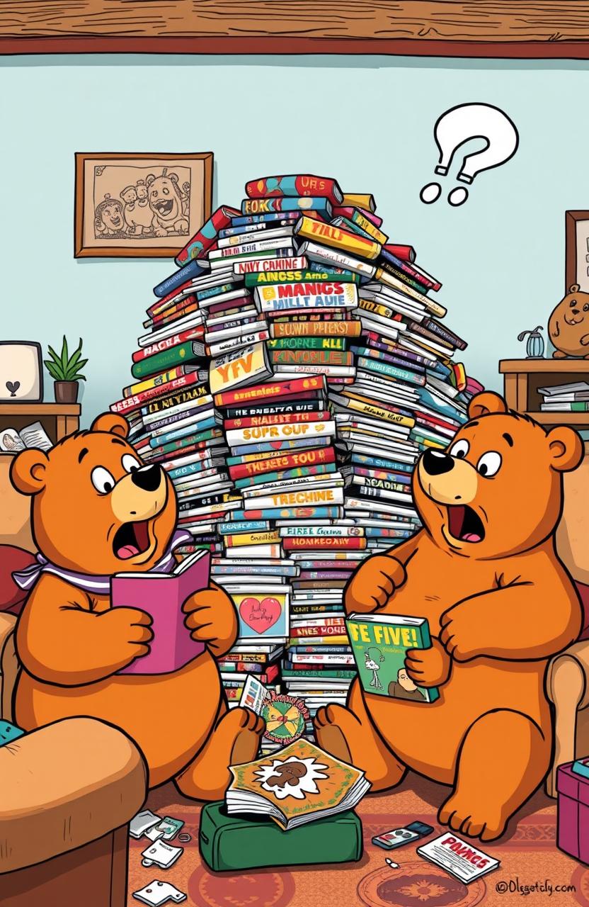 A humorous, exaggerated cartoon scene featuring anthropomorphic bear characters reminiscent of the Berenstain Bears