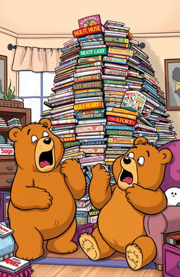 A humorous, exaggerated cartoon scene featuring anthropomorphic bear characters reminiscent of the Berenstain Bears