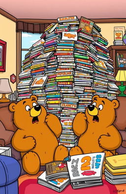 A humorous, exaggerated cartoon scene featuring anthropomorphic bear characters reminiscent of the Berenstain Bears