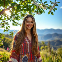 A portrait of a young woman with long, flowing hair, wearing a colorful bohemian dress adorned with intricate patterns