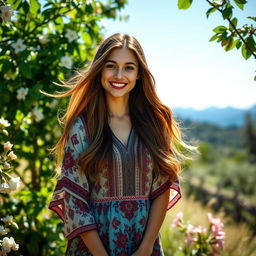 A portrait of a young woman with long, flowing hair, wearing a colorful bohemian dress adorned with intricate patterns