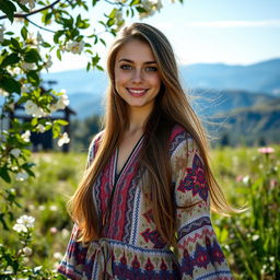 A portrait of a young woman with long, flowing hair, wearing a colorful bohemian dress adorned with intricate patterns