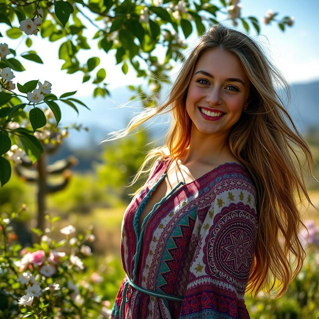 A portrait of a young woman with long, flowing hair, wearing a colorful bohemian dress adorned with intricate patterns