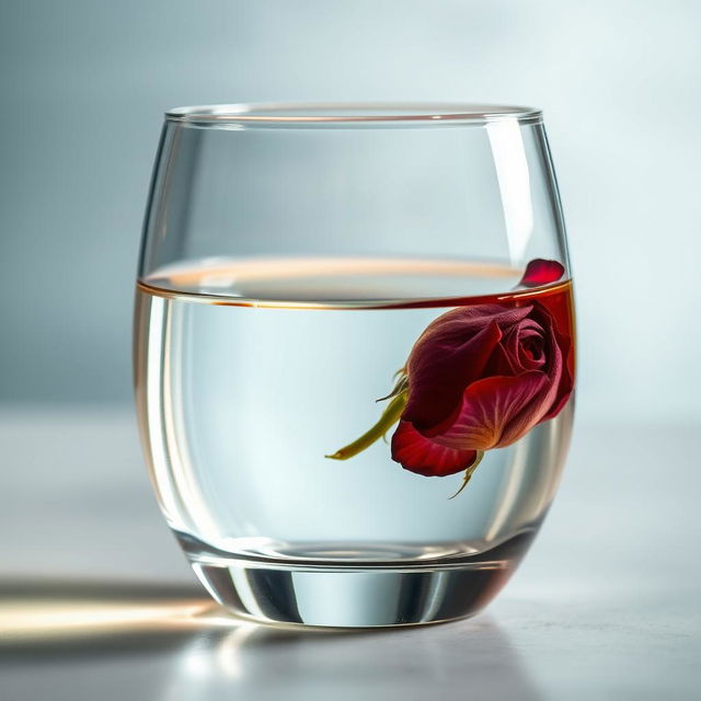 A close-up image of a clear glass half filled with transparent oil and half filled with crystal clear water