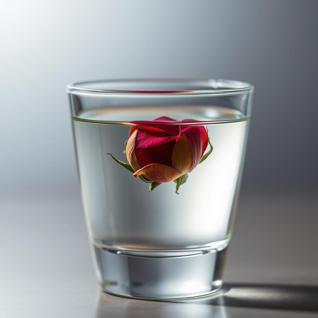 A close-up image of a clear glass half filled with transparent oil and half filled with crystal clear water