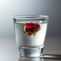 A close-up image of a clear glass half filled with transparent oil and half filled with crystal clear water