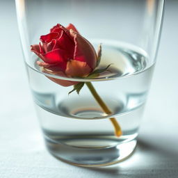 A close-up image of a clear glass half filled with transparent oil and half filled with crystal clear water