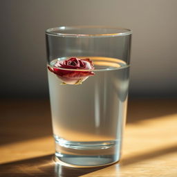 A close-up image of a clear glass half filled with transparent oil and half filled with crystal clear water