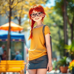 A tall, fair-skinned girl with red hair, wearing glasses and a short skirt
