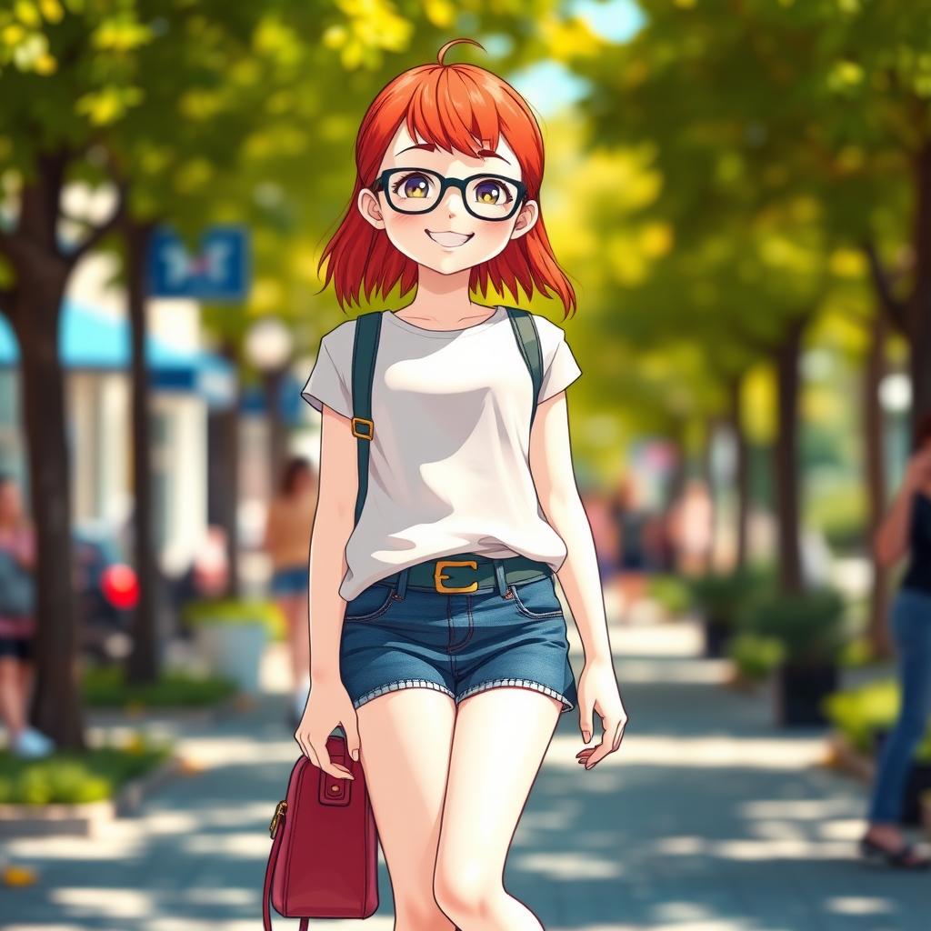 A tall, fair-skinned girl with red hair, wearing glasses and a short skirt