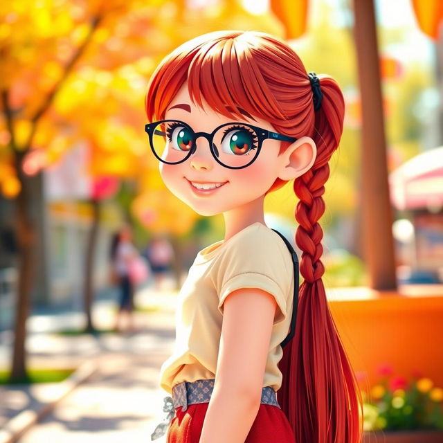 A tall, fair-skinned girl with red hair, wearing glasses and a short skirt