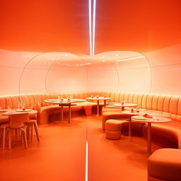 Futuristic restaurant containing six dining tables and a sofa, showcasing sleek design and modern aesthetics.