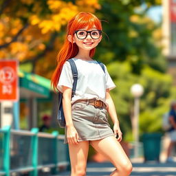 A tall, fair-skinned girl with red hair, wearing glasses and a short skirt