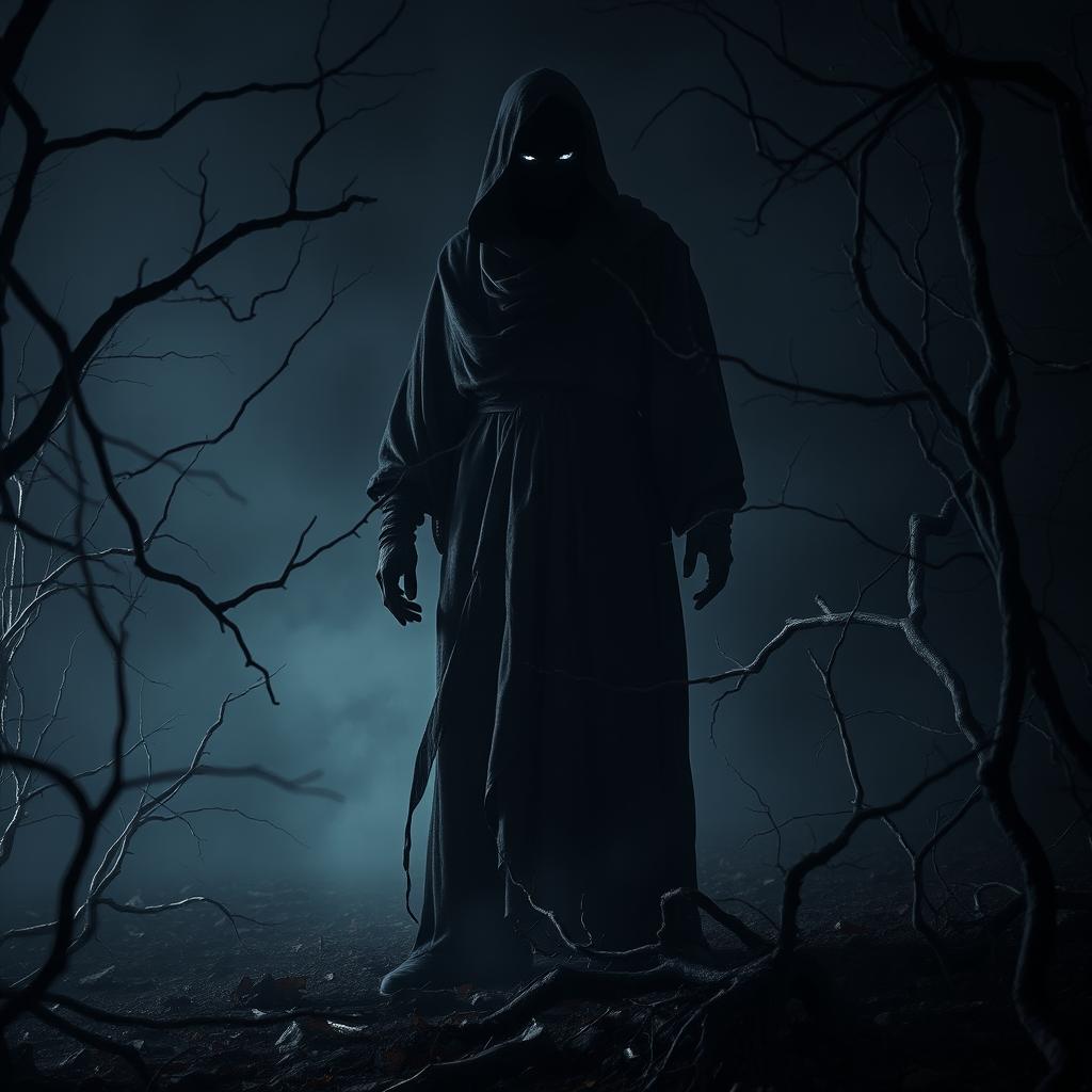 A dark and eerie figure shrouded in shadow, standing menacingly in a dimly lit forest