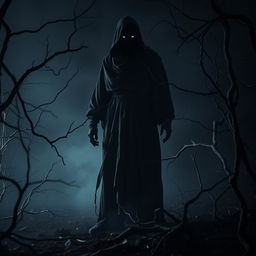 A dark and eerie figure shrouded in shadow, standing menacingly in a dimly lit forest