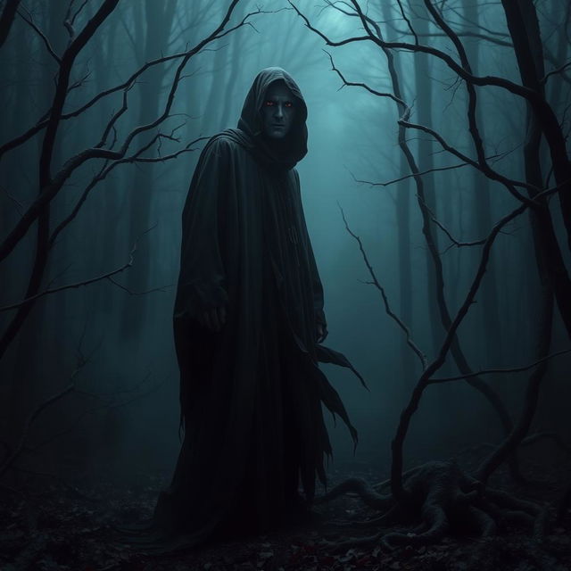 A dark and eerie figure shrouded in shadow, standing menacingly in a dimly lit forest