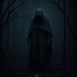 A dark and eerie figure shrouded in shadow, standing menacingly in a dimly lit forest