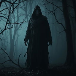 A dark and eerie figure shrouded in shadow, standing menacingly in a dimly lit forest