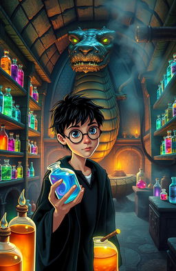 A whimsical and magical reinterpretation of a Harry Potter-themed scene titled 'Harry Potter and the Chamber of Drugs'