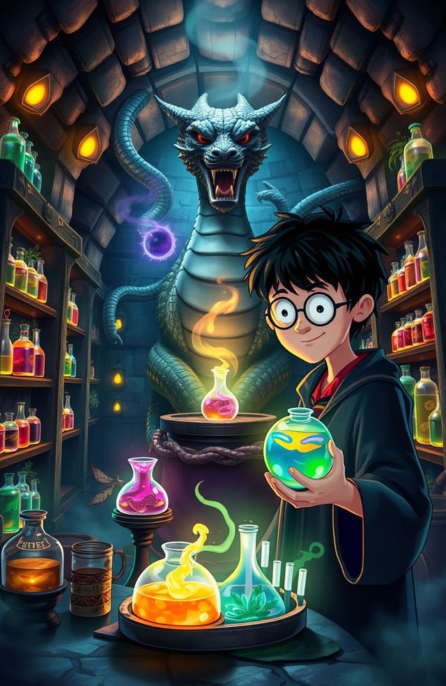 A whimsical and magical reinterpretation of a Harry Potter-themed scene titled 'Harry Potter and the Chamber of Drugs'