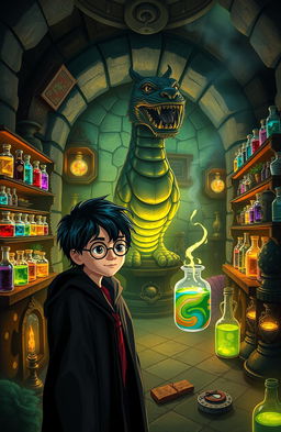 A whimsical and magical reinterpretation of a Harry Potter-themed scene titled 'Harry Potter and the Chamber of Drugs'
