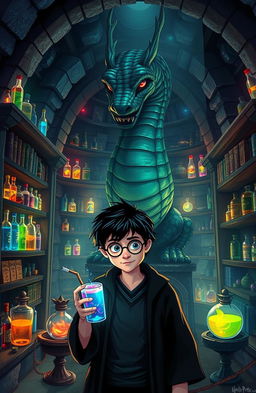 A whimsical and magical reinterpretation of a Harry Potter-themed scene titled 'Harry Potter and the Chamber of Drugs'