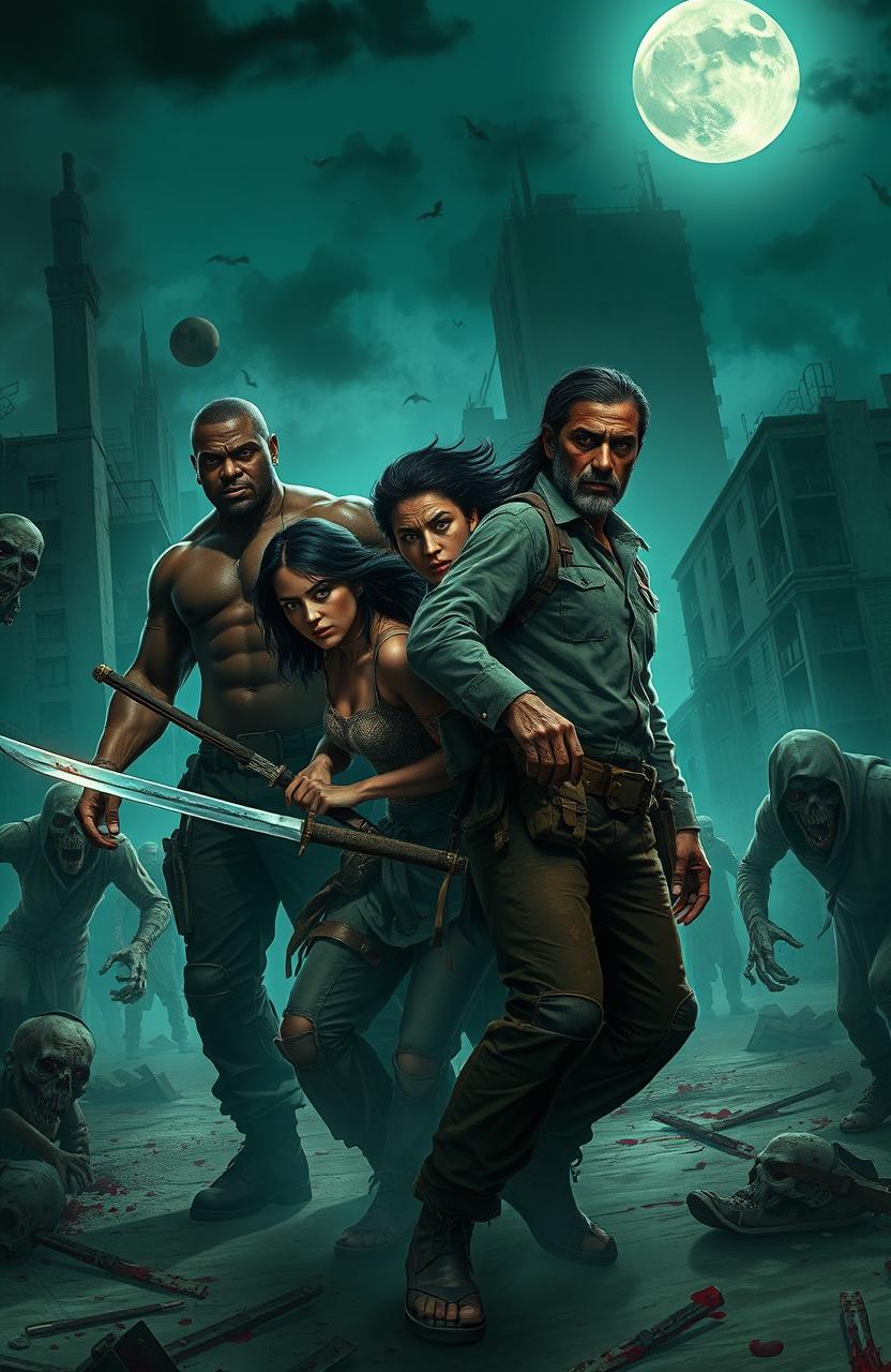 A gripping scene from a zombie apocalypse featuring a diverse group of survivors