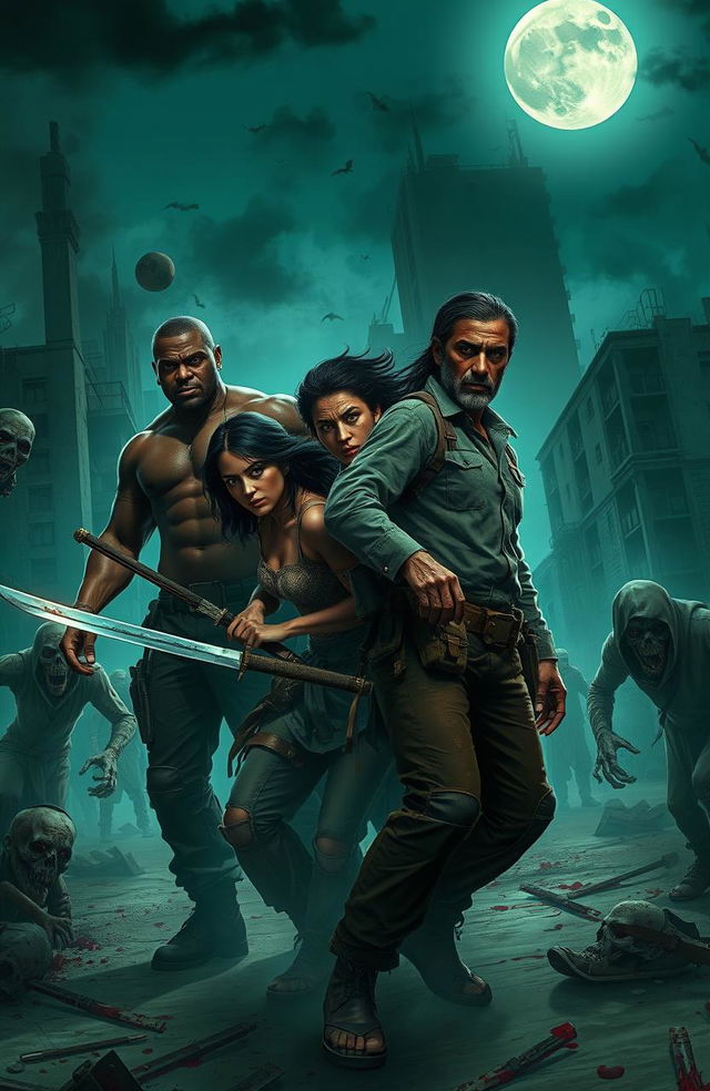 A gripping scene from a zombie apocalypse featuring a diverse group of survivors