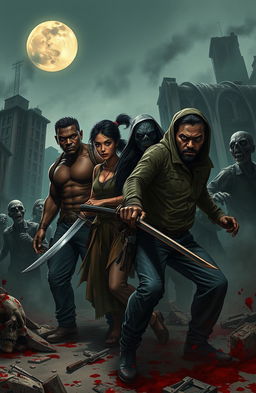 A gripping scene from a zombie apocalypse featuring a diverse group of survivors