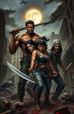 A gripping scene from a zombie apocalypse featuring a diverse group of survivors