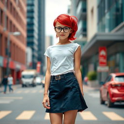 A tall, fair-skinned girl wearing glasses, with vibrant red hair styled elegantly, dressed in a short and stylish skirt