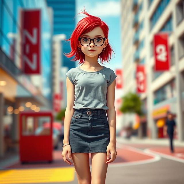 A tall, fair-skinned girl wearing glasses, with vibrant red hair styled elegantly, dressed in a short and stylish skirt