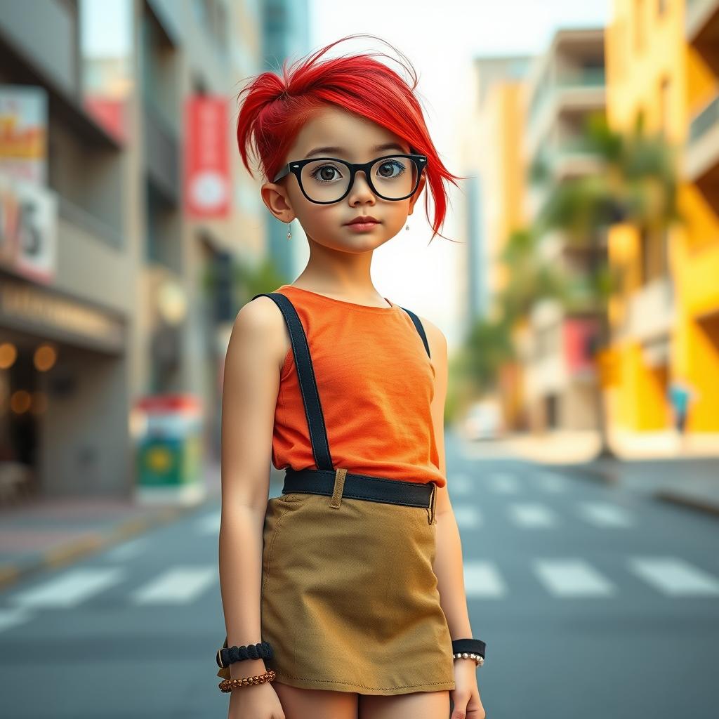 A tall, fair-skinned girl wearing glasses, with vibrant red hair styled elegantly, dressed in a short and stylish skirt